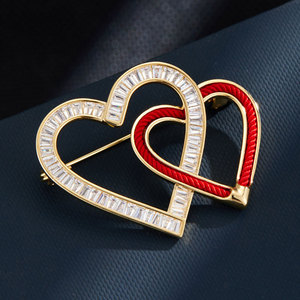 Heart Brooch <b>Gold</b> Red <b>String</b> Zircon Inlay Women's Fashion Pin Autumn Winter Gift - Product Image 1