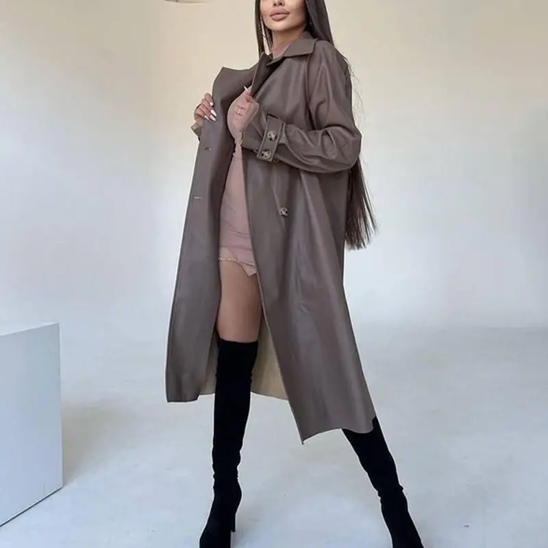 Solid Turn Down Collar Trench Women Elegant New Style PU Leather Trench Women Double Breasted Long Trench Ladies