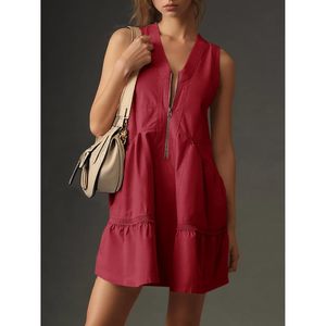 Robe d'été décontractée pour femme, sans manches, col en V, coupe ample, demi-zip, avec poches, en tissu tissé respirant - Product Image 2