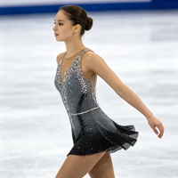 Costume de patinage artistique pour enfants et adultes, robe en maille sans manches à col en V dégradé gris et noir avec strass pour spectacle sur glace