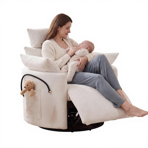 Poltrona a dondolo manuale per cameretta, reclinabile girevole a 360° con porta telefono e poggiapiedi, in ciniglia oversize, bianca - Product Image 1
