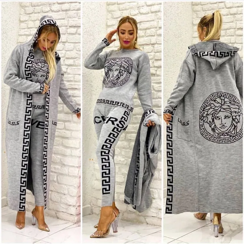 2022 High Quality Fashion Winter Casual Track Suit Knitting Printed Soft Three Piece Sweat Sets Sweater Suits for women