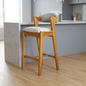 Chaise de bar en bois massif avec siège et accoudoirs rembourrés, design minimaliste moderne, base en métal pour bar à domicile, hôtel, café, salle à manger - Product Image 3