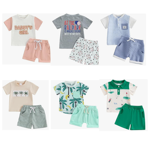 Conjunto de Ropa Infantil Unisex de Verano, 2 Piezas, Algodón, Sin Marca, Estilo Casual, Camiseta sin Mangas a Cuadros, Pantalones Cortos Estampados, Edades 0-12 - Product Image 3