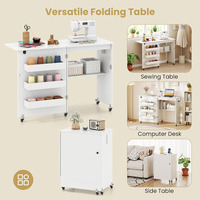 Mesa de Costura Plegable Multiusos OEM/ODM Personalizada que Ahorra Espacio con Ruedas Bloqueables, Estantes de Almacenamiento y Estación de Carga