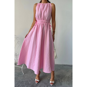 Robe maxi sans manches en mousseline rose, taille élastique, robe décontractée, taille S - Product Image 4