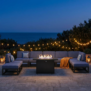 Ensemble <span class=keywords><strong>de</strong></span> canapés d'extérieur en tissu bleu imperméable avec foyer carré, mobilier <span class=keywords><strong>de</strong></span> patio modulaire minimaliste pour <span class=keywords><strong>jardin</strong></span> et cour arrière - Product Image 5