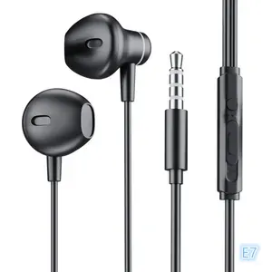 Hotriple E7 fone de ouvido com fio para mãos, bom som, fone de ouvido de metal plano de 3,5 mm, com botão de chamada e botão de controle de volume, personalizado, de 1,2 metros