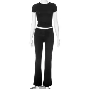 Conjunto de 2 peças de roupas femininas casuais de secagem rápida, blusa top cropped + leggings slim de cor sólida, conjunto de 2 peças