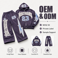 Ensemble de survêtement 2 pièces pour homme, style urbain vintage, avec sweat à capuche zippé à motif graphique délavé et appliqué, et pantalon de survêtement à jambes larges, fabrication OEM sur mesure