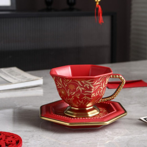Tasse à café et soucoupe octogonales dorées <span class=keywords><strong>Mandala</strong></span>, tasse en céramique de haute qualité au design exquis avec bordure dorée à la main - Product Image 5