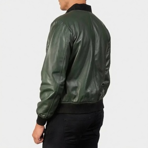 Men's Green Genuine Leather Slim Fit Bomber Jacket with Front Logo <b>Covered</b> <b>Button</b> Closure Regular Fit Solid Color Autumn Style - Product Image 2