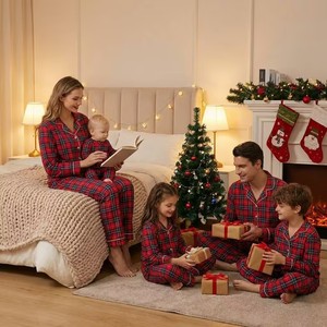 Großhandel Passende Familien-Weihnachtspyjamas Set Rot Kariert Knopfleiste Schlafanzug Maßgeschneiderte Festtags-PJs für Erwachsene Kinder Baby - Product Image 5