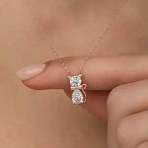 Lovely Jewelry Women Zircon Rose Gold Plated 925 Sterling Silver Pendant Cute Animal Cat Necklace