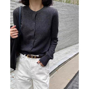 <span class=keywords><strong>Cardigan</strong></span> en cachemire boutonné à col rond décontracté personnalisé pour <span class=keywords><strong>femme</strong></span>, nouvelle collection printemps-automne, <span class=keywords><strong>gris</strong></span> <span class=keywords><strong>foncé</strong></span>, tricoté superposé - Product Image 3