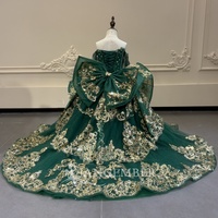 Robe Jancember XS325 vert émeraude sans bretelles, corsage à sequins, jupe brodée or style baroque, pour galas et demoiselles d'honneur