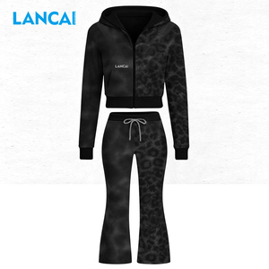 Lancai Women Custom Leopard Print Tracksuit 2 Piece <b>Set</b> High Quality Cotton Zip up Cheetah Leggings Hoodie <b>Set</b> for Women - Product Image 1
