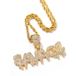 HipホップはブリンブリンSAVAGE Letter Pendant送料無料でキューバチェーンCharmペンダントネックレスHip Hop Gems Druzy Jewelry Gifts