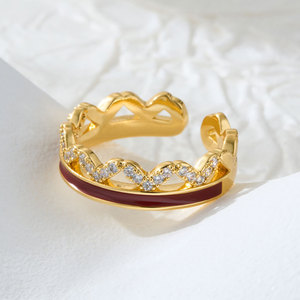 Luxury Enamel Crown Open Ring Gold Plated Zircon Inlay Adjustable Fashion Jewelry - Product Image 4