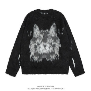 Custom Animal Wolf Graphic Faux Mohair Crew Neck Sweater Unisex <b>Oversized</b> <b>Fluffy</b> Fuzzy Knitted Pullover Streetwear Knit <b>Jumper</b> - Product Image 4