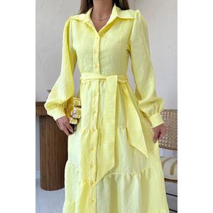 Vestido Largo Amarillo con Cinturón, Cuello Redondo, Corte Holgado, Tejido Translúcido, Informal para Uso Diario - Product Image 2