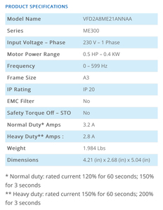 Variador de Frecuencia Original VFD2A8ME21ANNAA, Inversor de Motor, Serie ME300, Automatización Industrial, 0.4KW, 230V, 1 Fase - Product Image 3