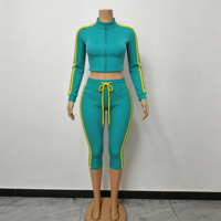 Ensemble de survêtement 2 pièces Y2K pour femme, haut court à manches longues et pantalon capri à rayures latérales en coton et élasthanne, tenue décontractée d'automne, logo personnalisé