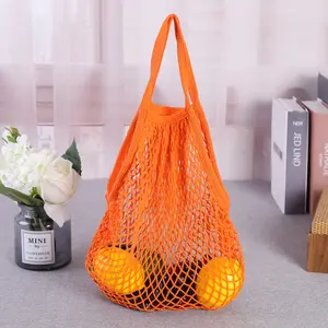 Sıcak satış kullanımlık meyve sebze bakkal üretmek Tote pamuk iplik örgü Net alışveriş çantası uzun saplı