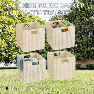 Cesta de Almacenamiento de Mimbre Plástico Beige, Cuadrada, Plegable, con Asas, para el Hogar, Picnic, Bodas y Fiestas - Product Image 2