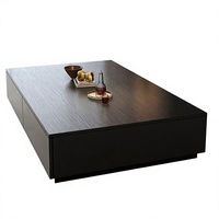 Table basse moderne en verre noir avec cadre en bois, réglable en hauteur et avec rangement, pour salon