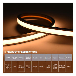 Tira de Luz LED COB Flexible Impermeable IP67 de Alta Densidad PERFECT con 480 LED, DC12V DC24V 10W CRI 90 2700K a 6500K, Tira de LED Inteligente - Product Image 2