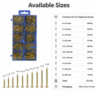 Ensemble de vis à tête plate en zinc jaune assorties, 327 pièces, plusieurs tailles pour projets de fixation d'armoires, de meubles et de bois