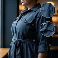 Robe chemise trapèze personnalisée en coton biologique écologique pour femme, bleu ardoise, avec ceinture à anneaux en D et quatre poches, longue, Vancouver Canada