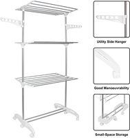 Séchoir à linge pliable en acier inoxydable Cedar Space, 3 niveaux, durable, avec roulettes à frein, solution de rangement mobile