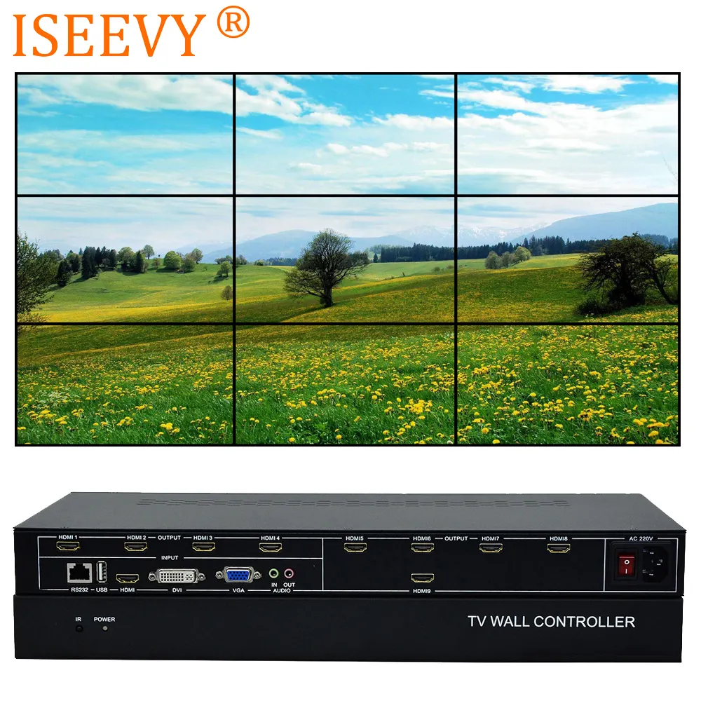 ISEEVY ตัวควบคุมวิดีโอติดผนัง9ช่อง,ตัวประมวลผลผนังทีวี3X3 2X4 4X2พร้อมการควบคุม RS232สำหรับการประกบทีวี9ตัว
