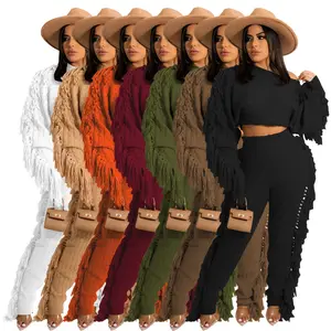 Fall Winter Fashion Solid Color Side Tassel Casual Two Piece Outfit Matching Set Sweater Set Knitted Sweaters Set For Women