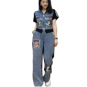 Ensemble deux pièces chemise/chemisier à fermeture éclair courte pour femme, tenue de sport d'été, pantalon à manches courtes, patchwork, costume décontracté en jean - Product Image 1