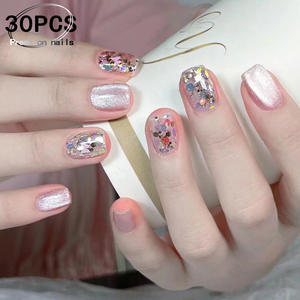 30 <span class=keywords><strong>Uñas</strong></span> Postizas <span class=keywords><strong>Cortas</strong></span> <span class=keywords><strong>Cuadradas</strong></span> Color Champán, Nuevas con Brillo Explosivo y Cristal, <span class=keywords><strong>Uñas</strong></span> de Gel con Efecto Ojo de Gato, Removibles y Adhesivas - Product Image 2