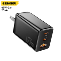 Cargador Rápido GaN ESSAGER G671A2CU1 Serie 2C1A de 3 Puertos y 67W con USB Tipo C para Teléfono Celular