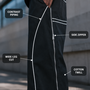 Custom OEM Black Wide Leg Contrast Piping <strong>Side</strong> <strong>Zip</strong> Premium Nylon Twill Men <strong>Trousers</strong> for Techwear Urban Street - Product Image 2