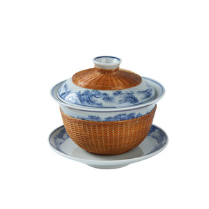 Zhuqige Bamboo Woven Porcelain Gaiwan <b>Tea</b> <b>Set</b> With Lid Hand Painted Celadon For Kung Fu <b>Tea</b> - Product Image 5