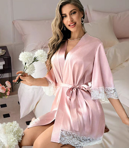 Robe en satin rose pour femme avec ceinture à nœud en dentelle, lingerie sexy, style court - Product Image 6