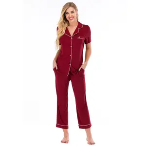 Pijama seti kısa kollu pijama uzun pantolon bayan düğme aşağı kıyafeti yumuşak Modal yumuşak Pj salon setleri