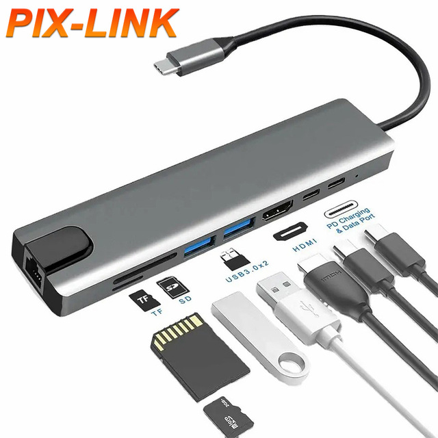 Pix-Link 8in1 USB HUB Type C Splitter 4K Thunderbolt 3 Docking Station Laptop Adapter for Macbook Air M1 RJ45 HDTV Stock