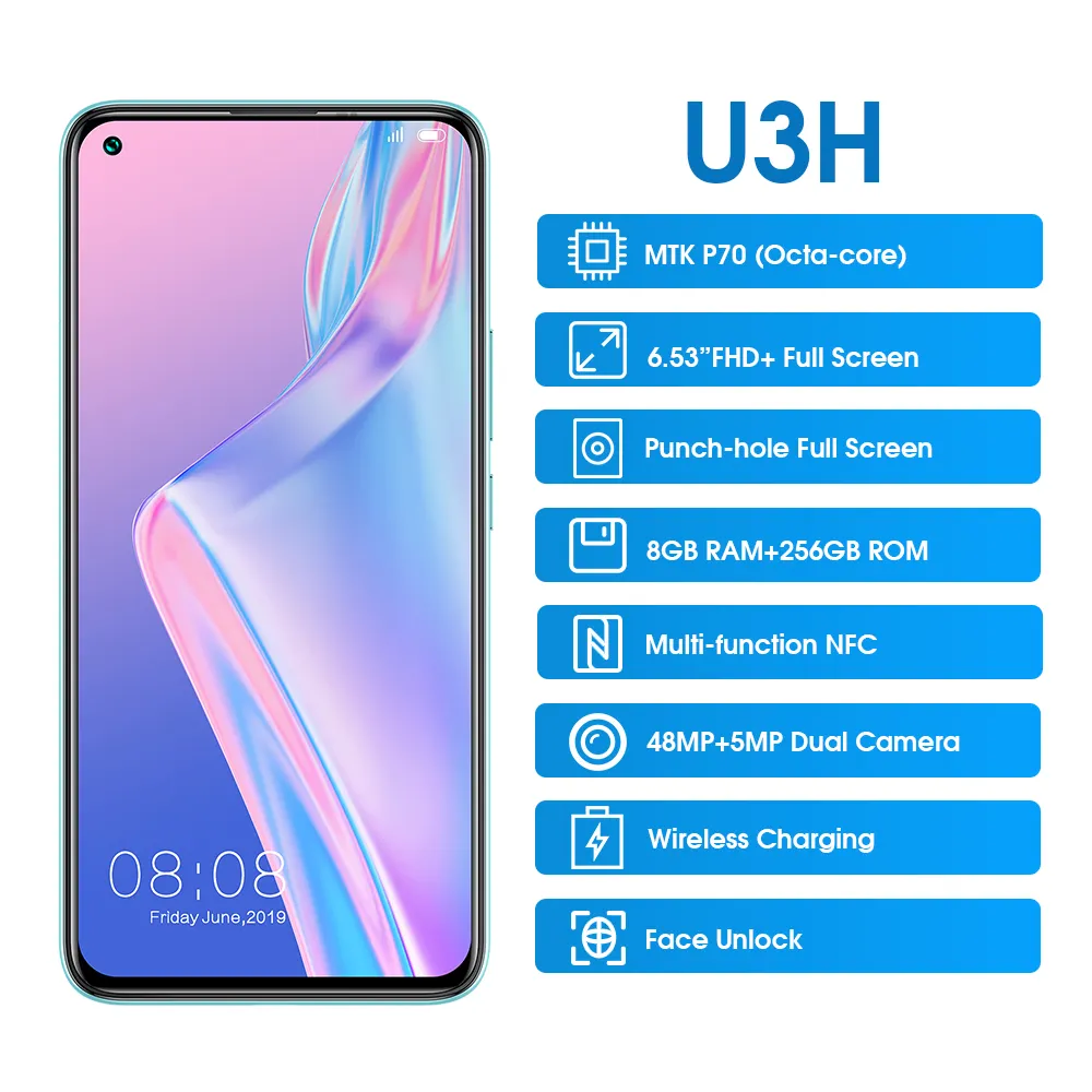 Elephone U3H Android 10 smartphone 6.53 inch 8GB+ 256GB 24MP Front Selfie Camera 48MP Camera wireless charge 4G NFC mobilephone