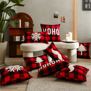 圣诞红色黑色格子刺绣抱枕靠垫套冬季现代枕套靠垫套