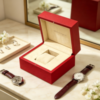 Boîte à montre carrée rouge en bois, à fente unique, avec insert en daim, logo personnalisé, fermoir métallique pour emballage de montres haut de gamme et cadeau premium