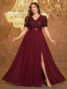 Vestido europeo y americano con cuello en V, de manga larga, elegante y con estilo, para mujeres de talla grande, para chicas con curvas, vestido de dama de honor. - Product Image 4