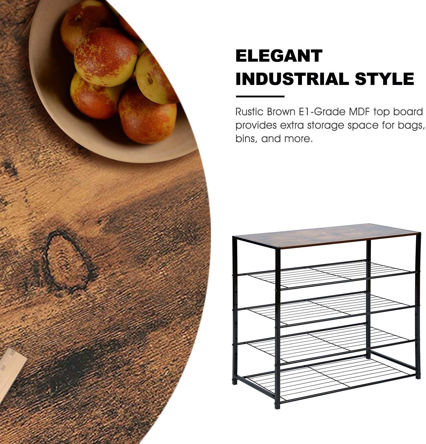 Shoe Storage Shelf 4-Tier Metal Rack with MDF Top