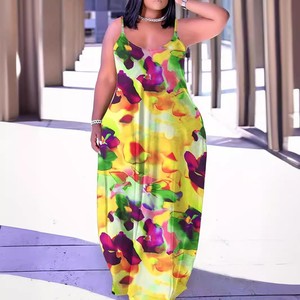 Último vestido informal <span class=keywords><strong>Sumer</strong></span> mujer Verano de gran tamaño sin mangas correa de espagueti suelto vestido floral bohemio - Product Image 3